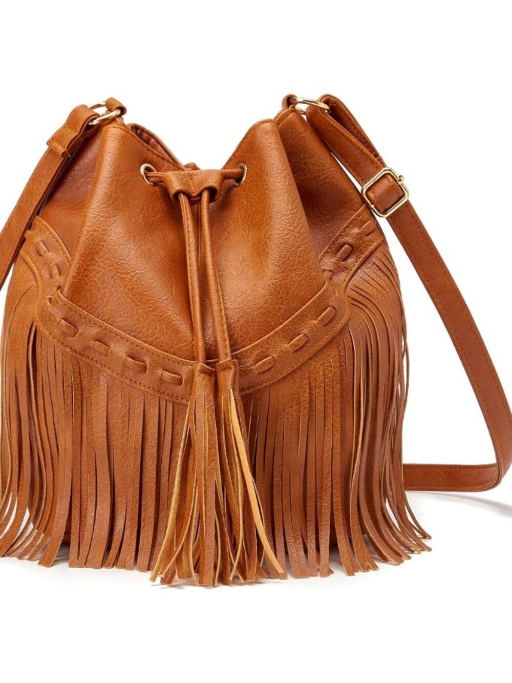 Leather Bucket Bags for Women Crossbody Fringe Purses with Drawstring Ladies Tas